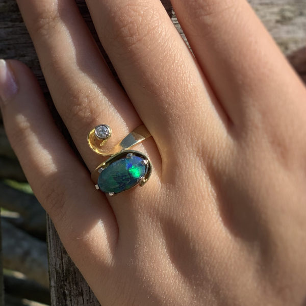 Black Opal and Diamond Ring - Handmade in Britain