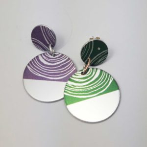 purple and green aluminium drop earrings